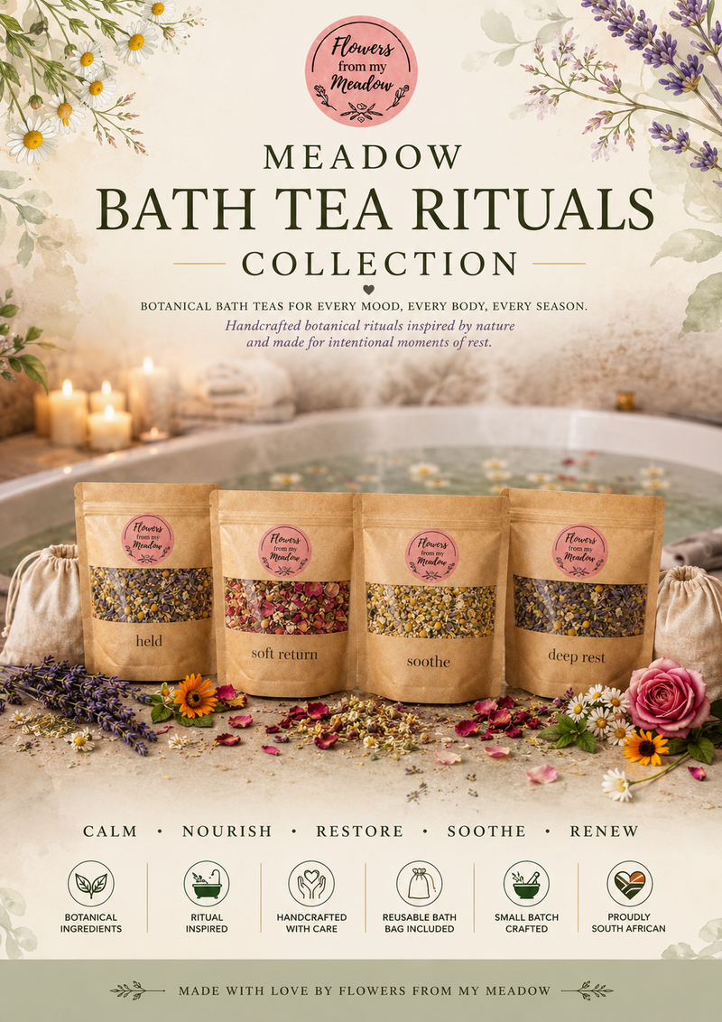 Cover of the Flowers from my Meadow Bath Tea Rituals Collection guide featuring four botanical bath tea blends.