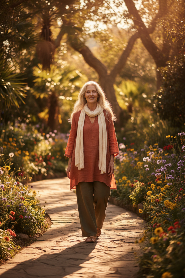 A confident older woman walking through a botanical garden in warm golden light.