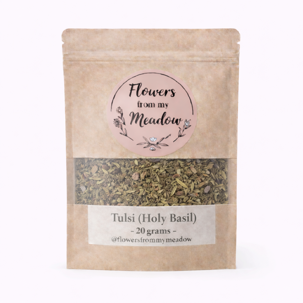 Kraft paper packaging of Tulsi (Holy Basil) with a label on a white background
