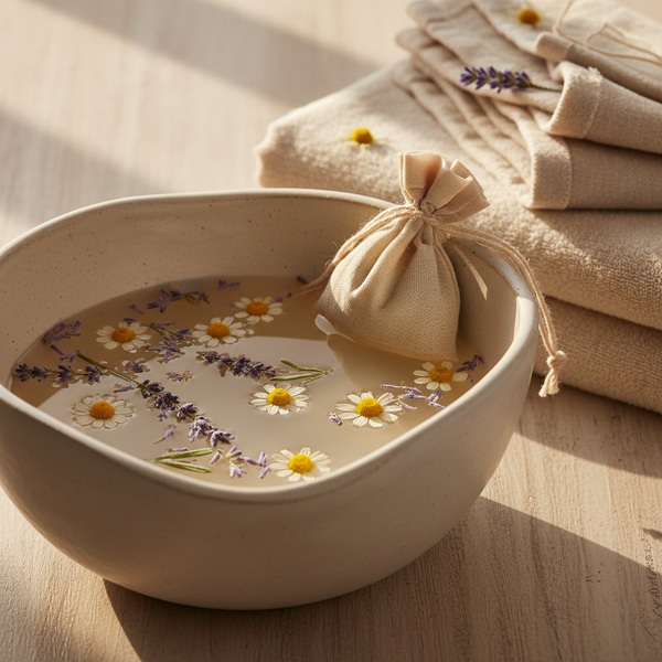 A beige ceramic bowl filled with warm water, floating chamomile flowers, and lavender sprigs, with a small drawstring sachet resting on the rim. Folded beige towels are stacked in the background on a light wooden surface.