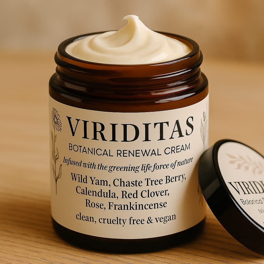 Jar of Viriditas Botanical Renewal Cream on a wooden surface