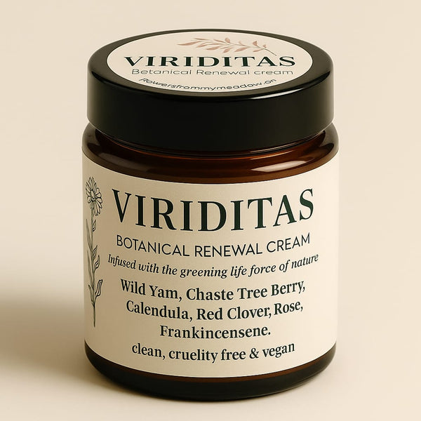Jar of Viriditas Botanical Renewal Cream on a beige background