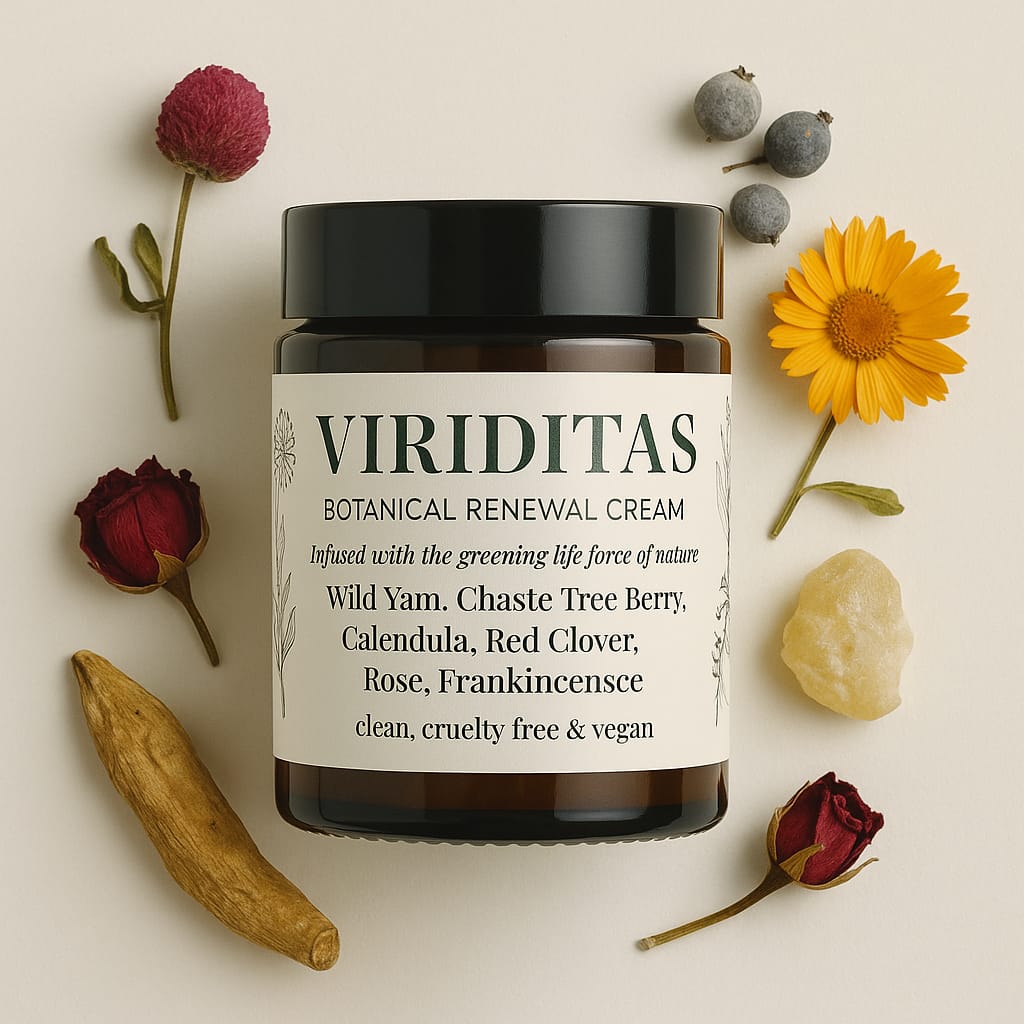 Jar of Viriditas Botanical Renewal Cream surrounded by natural ingredients on a light background