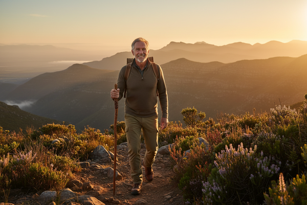 A confident older man walking along a mountain path in the morning light.