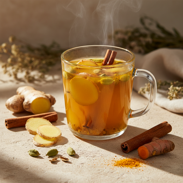 A clear glass mug filled with a warm orange-brown herbal tea or hot cider, with visible ginger slices, cinnamon sticks, and green cardamom seeds, set on a stone surface with additional ginger, cinnamon, turmeric root, and spices around it. Steam rises from the drink.