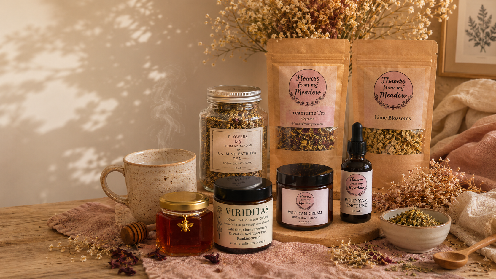 Collection of natural health products including jars, bottles, and a mug on a wooden surface with a warm, homey atmosphere.