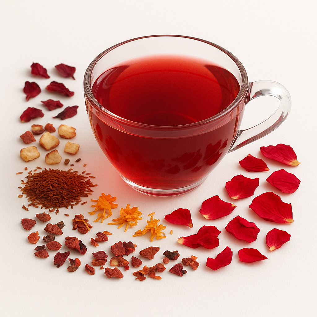 Clear glass mug filled with red tea, surrounded by dried flowers and herbs on a white background