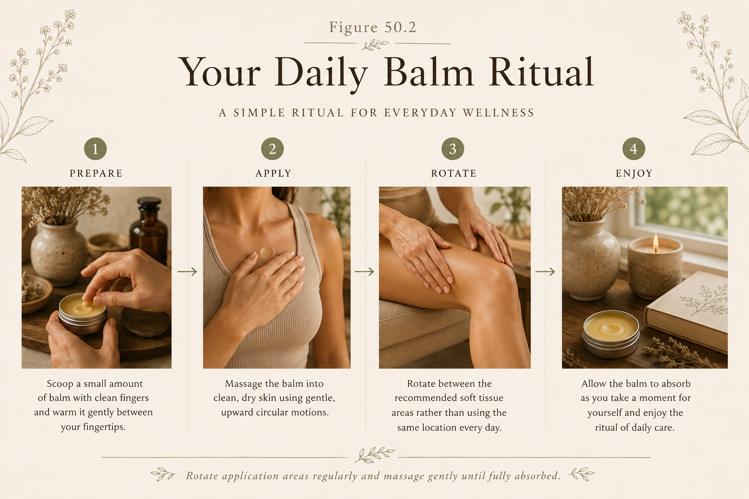 Illustrated daily Wild Yam Balm ritual showing how to warm the balm between your fingertips, apply to soft tissue areas, rotate application sites, and enjoy a simple daily botanical wellness routine.