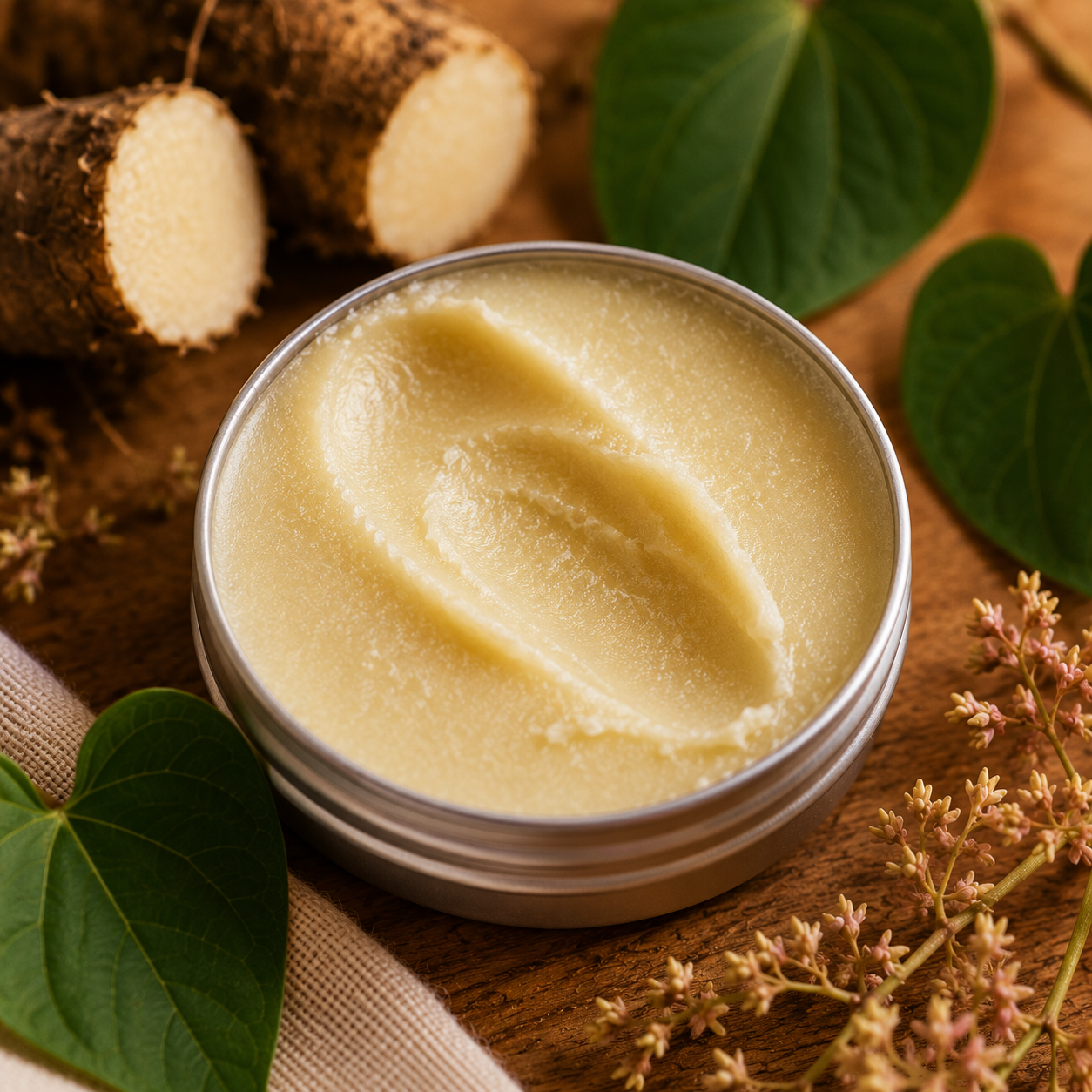 A round silver metal tin filled with pale yellow-beige balm or cream, styled on a wooden surface with cut root vegetables, green leaves, and small dried flowers.