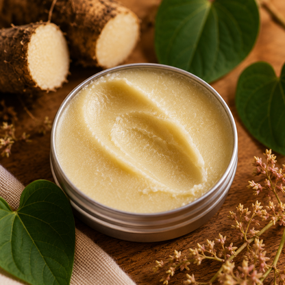 A round silver metal tin filled with pale yellow-beige balm or cream, styled on a wooden surface with cut root vegetables, green leaves, and small dried flowers.