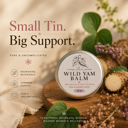 A round tin of Wild Yam Balm by Flowers from my Meadow sits on a wooden surface surrounded by herbs, flowers, and natural props. Large text on the left reads 'Small Tin.