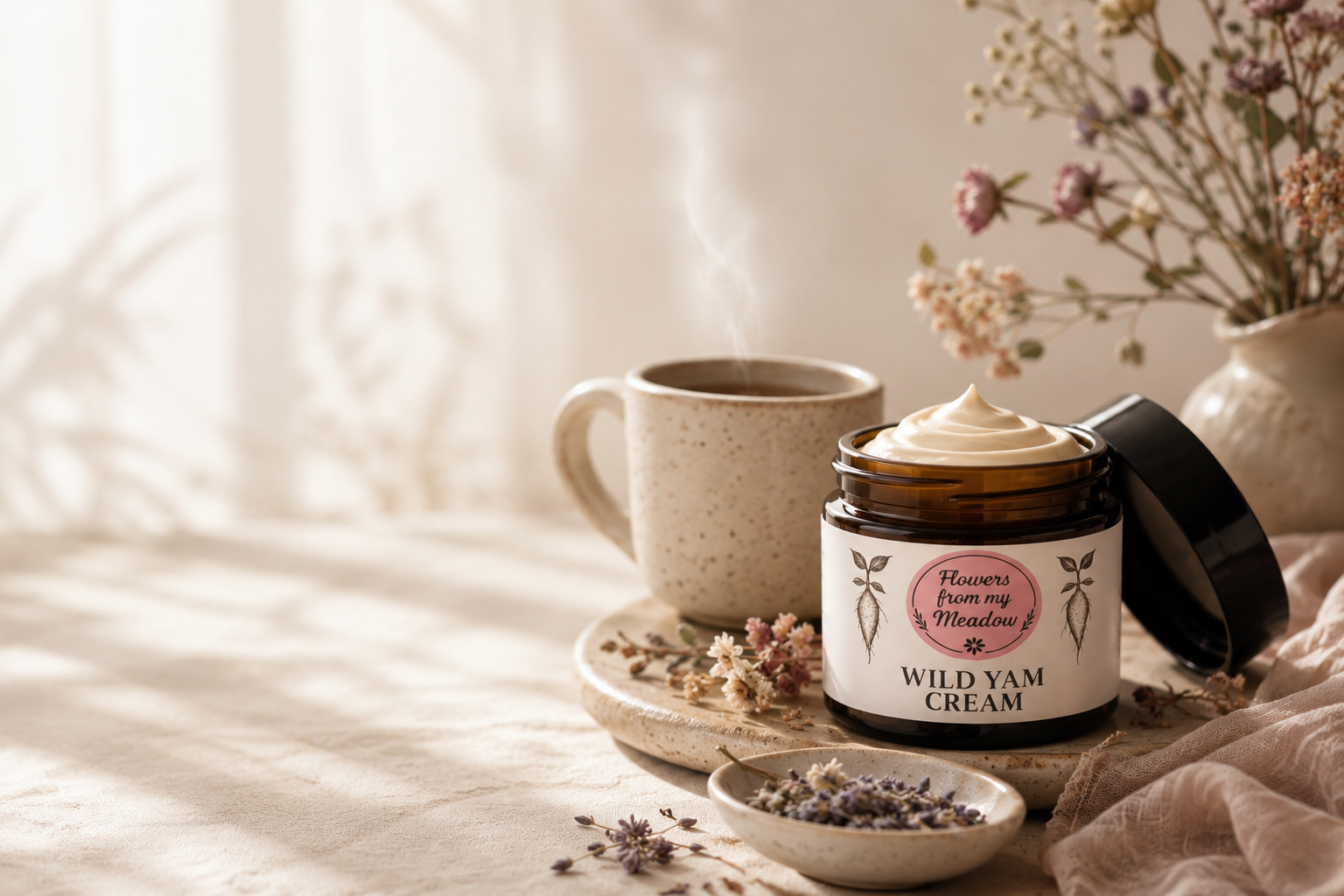 Jar of Wild Yam Cream on a tray with a cup and flowers in the background