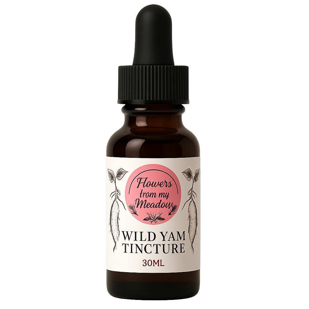 Bottle of Wild Yam Tincture with a dropper labeled 'Flowers from my Meadow' on a white background.