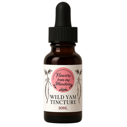 Bottle of Wild Yam Tincture with a dropper labeled 'Flowers from my Meadow' on a white background.