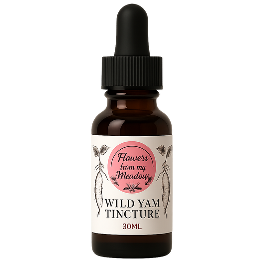 Bottle of Wild Yam Tincture with a dropper labeled 'Flowers from my Meadow' on a white background.