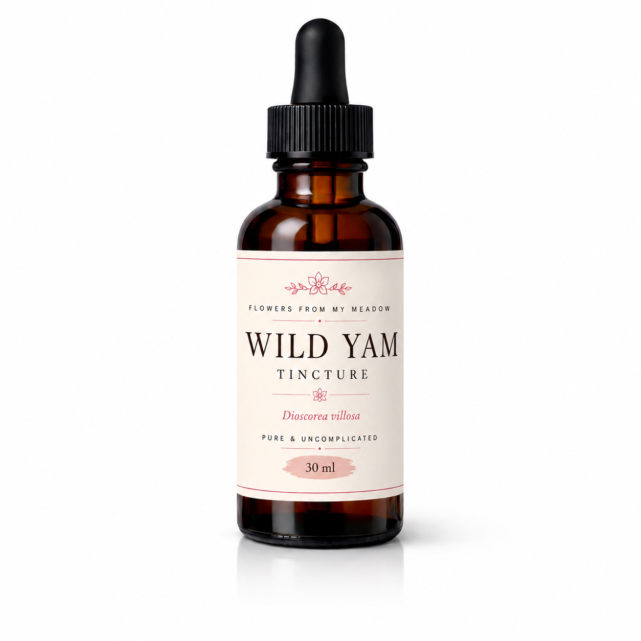 An amber glass dropper bottle of Flowers From My Meadow Wild Yam Tincture on a clean white background.