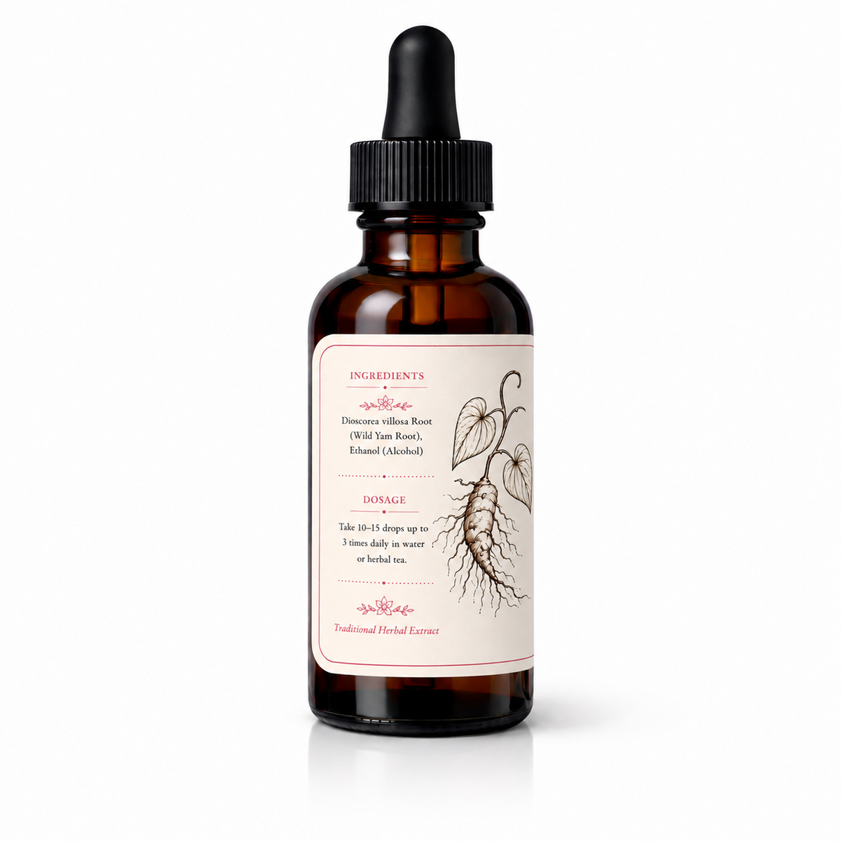Wild Yam Tincture 30 ml amber glass dropper bottle showing wild yam root ingredients, dosage directions and botanical illustration.