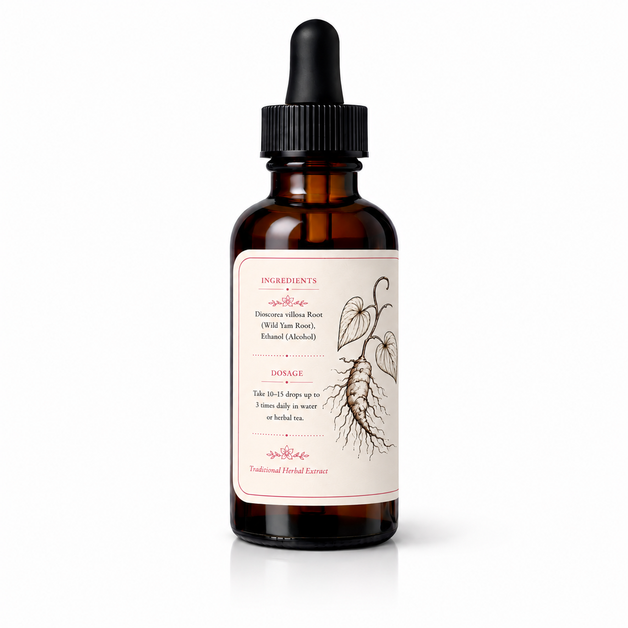 Wild Yam Tincture 30 ml amber glass dropper bottle showing wild yam root ingredients, dosage directions and botanical illustration.