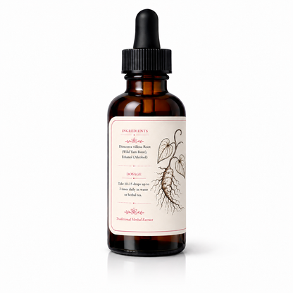 Wild Yam Tincture 30 ml amber glass dropper bottle showing wild yam root ingredients, dosage directions and botanical illustration.
