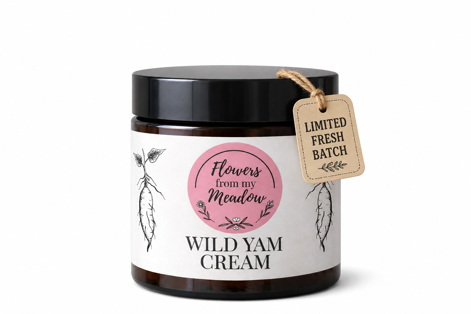 Jar of Wild Yam Cream with 'Flowers from my Meadow' label on a white background