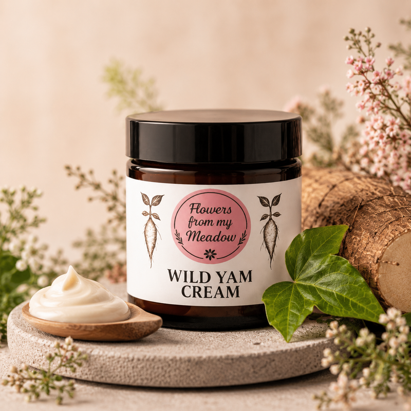 Jar of Wild Yam Cream with a label on a natural background