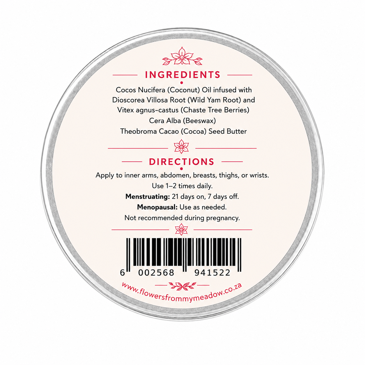The back of a round metal tin showing product ingredients and usage directions for Flowers from my Meadow Wild Yam Balm