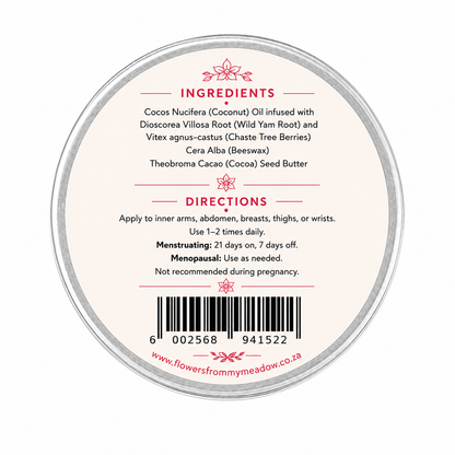 The back of a round metal tin showing product ingredients and usage directions for Flowers from my Meadow Wild Yam Balm