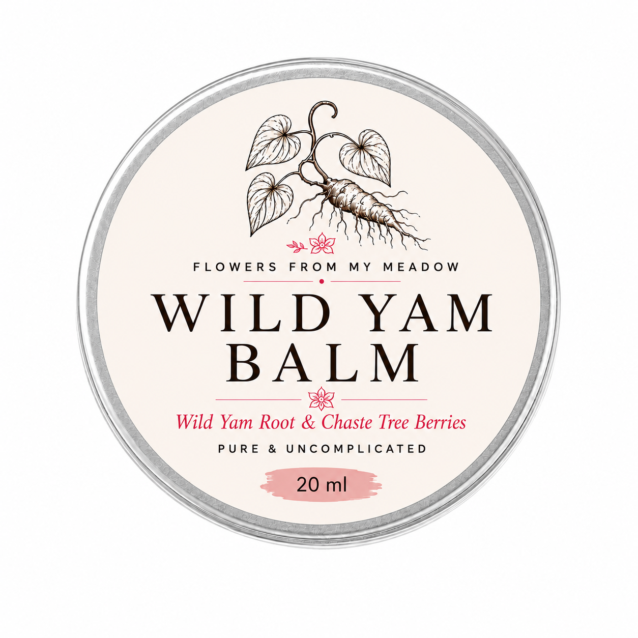 A round metal tin of 'Wild Yam Balm' by the brand 'Flowers From My Meadow'. The label is cream-colored with black text and an illustration of a wild yam root, accented with pink text and a pink paint-stroke detail at the bottom indicating a 20 ml size.