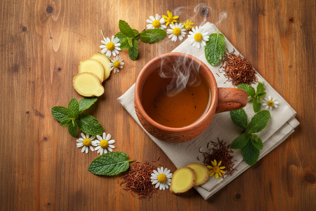 A warm digestive herbal tea surrounded by ginger, peppermint, chamomile and rooibos.
