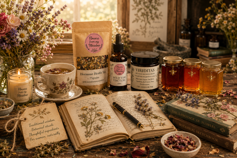 A styled tabletop arrangement of herbal tea products and related items, including a pouch labeled 'Flowers of My Meadow' and a bottle labeled 'Wild Yam Tincture,' alongside jars of honey, an open book with pressed flowers, a cup of tea, and dried botanicals on a rustic wooden surface.