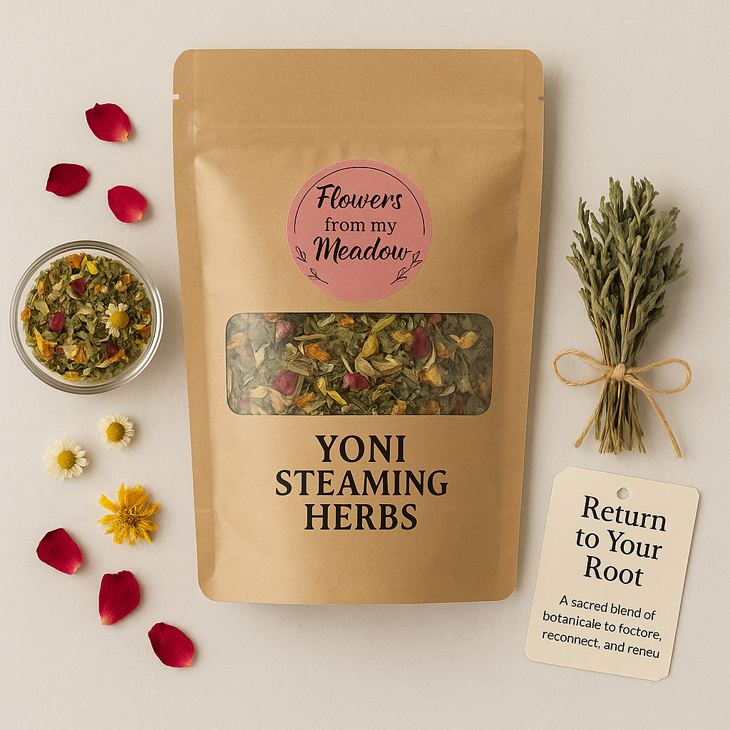 Kraft pouch labeled Yoni Steam with herbs visible and a bowl of dried herbs on a white background
