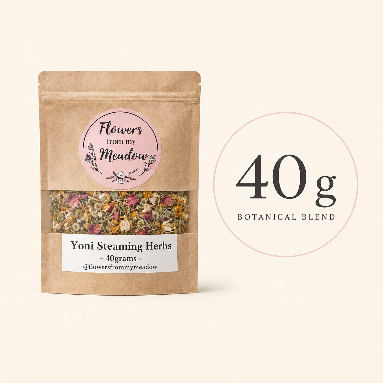 A kraft paper pouch of 'Flowers from my Meadow' Yoni Steaming Herbs botanical blend, shown next to a circular graphic indicating a 40g quantity on a light beige background.