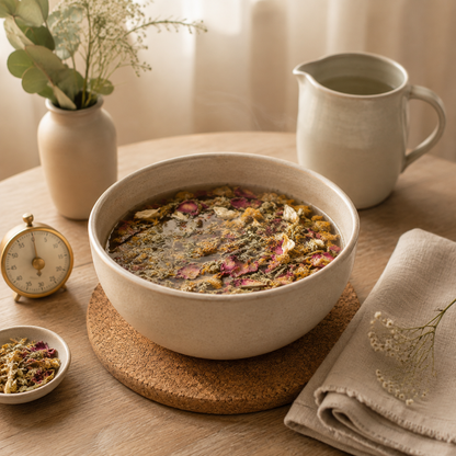 Safely prepared Yoni Steaming Herbs ritual with a comfortably warm botanical infusion, ceramic bowl, jug and folded linen cloth.