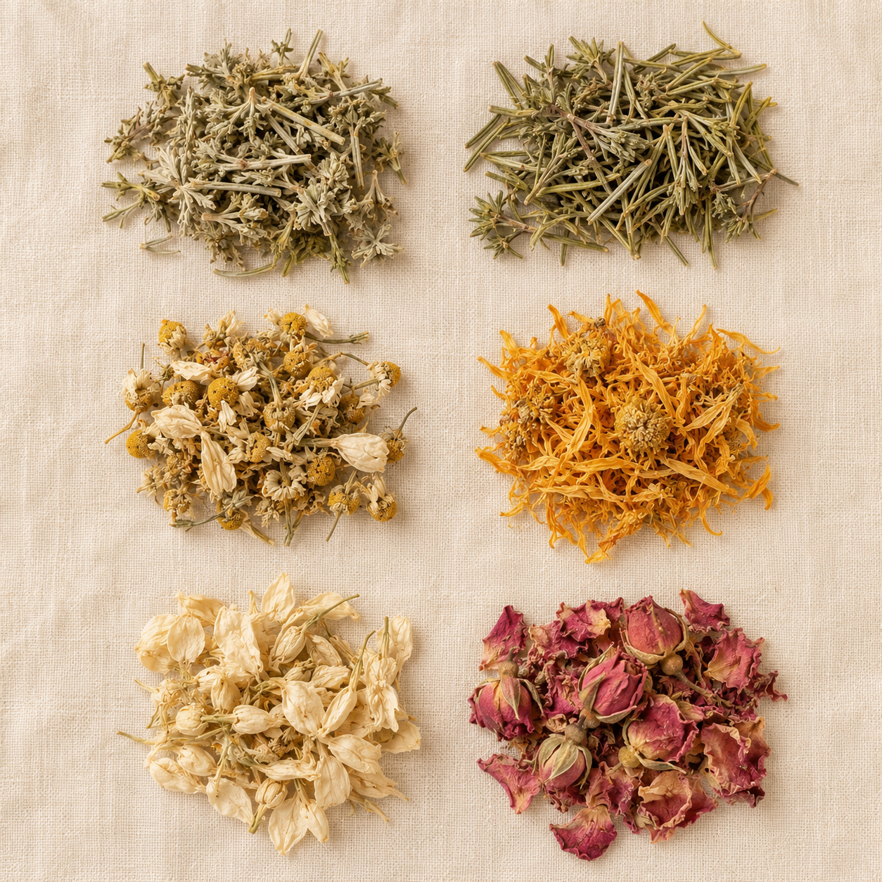 Close-up of Yoni Steaming her with Mugwort, rosemary, chamomile, calendula, jasmine and rose individually arranged on ivory linen.