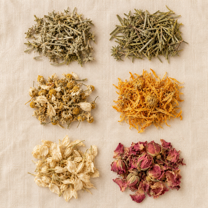 Close-up of Yoni Steaming her with Mugwort, rosemary, chamomile, calendula, jasmine and rose individually arranged on ivory linen.