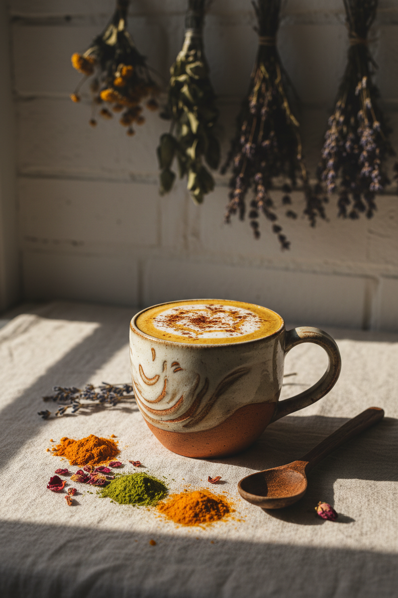 A ceramic mug filled with a latte sits on a draped tablecloth beside scattered spices and a wooden spoon, with dried flowers hanging in the background.