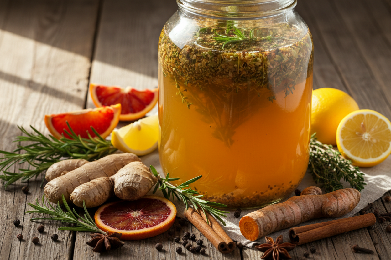 A glass jar of traditional fire cider surrounded by ginger, citrus, herbs and warming spices.