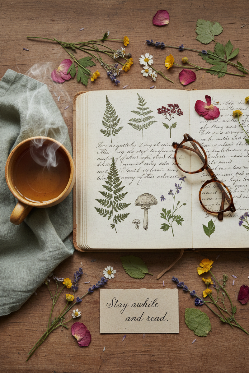 An open book with pressed botanical illustrations and cursive writing lies on a wooden table, styled with a cup of tea, eyeglasses, dried flowers, petals, and a small card reading 'Stay awhile and read.'.