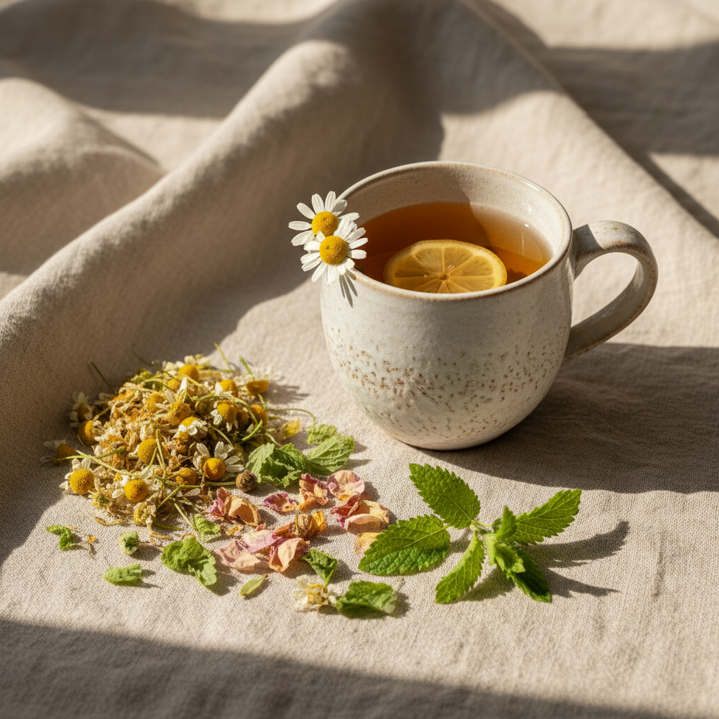 A warm cup of herbal tea with calming botanicals representing gentle daily nervous system rituals