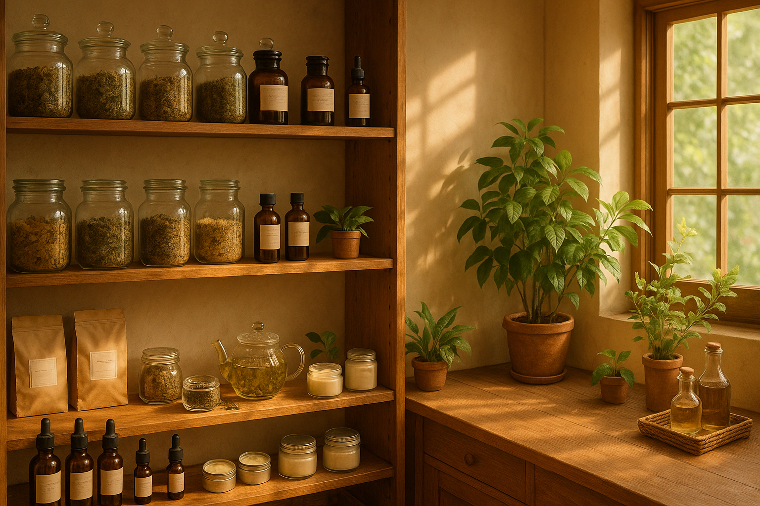 A warm HD banner background styled like a natural wellness store interior. Wooden shelves lined with apothecary jars, herbal teas, creams, and tinctures. Soft sunlight streams through a window, and green plants sit in the corner. Calming botanical aesthetic,