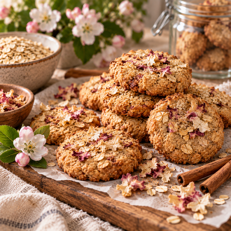 Apple Flower cinnamon and oat biscuits with dried apple blossoms, rolled oats and cinnamon