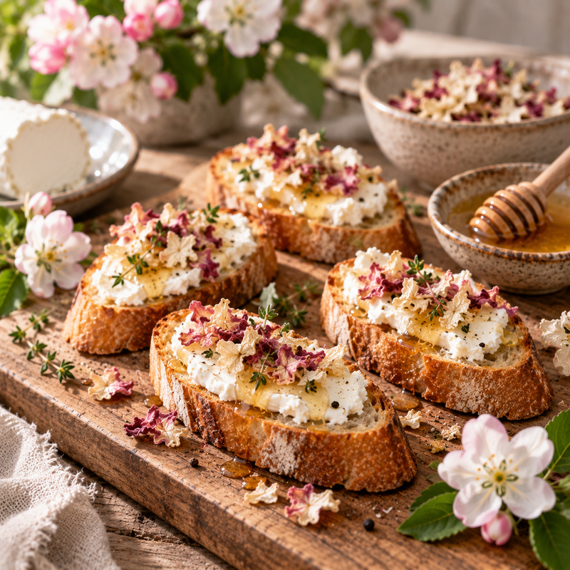 Apple Flower and goat's cheese crostini topped with honey, dried apple blossoms and fresh herbs