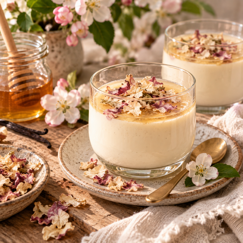 Apple Flower and honey panna cotta infused with dried apple blossoms and finished with honey and delicate floral petals