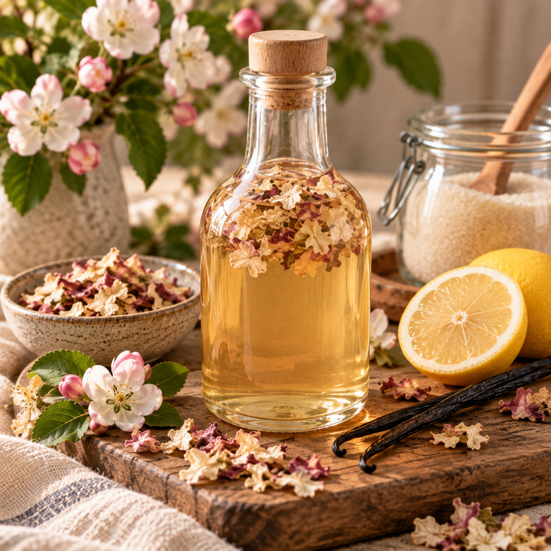 Apple Flower and vanilla floral syrup with dried apple blossoms, vanilla pods and fresh lemon