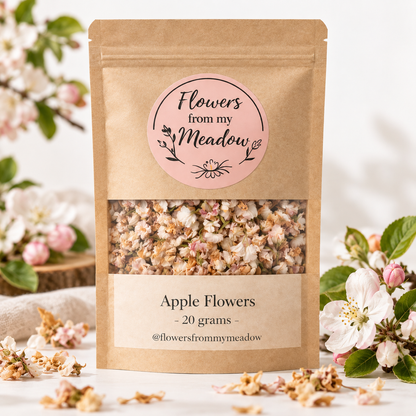 Apple Flowers 20 g resealable kraft pouch filled with dried apple blossoms, styled with fresh apple flowers