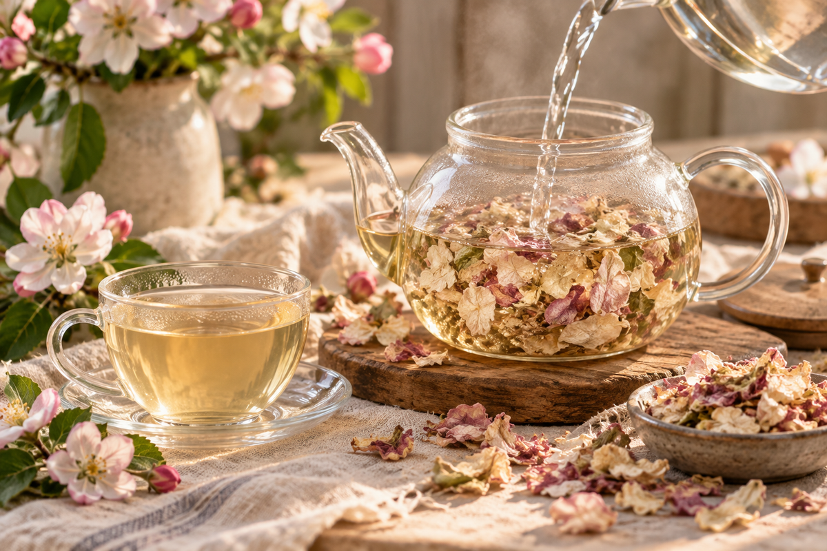 Apple flower tea preparation with dried Malus domestica blossoms steeping in a glass teapot and a finished pale golden floral infusion