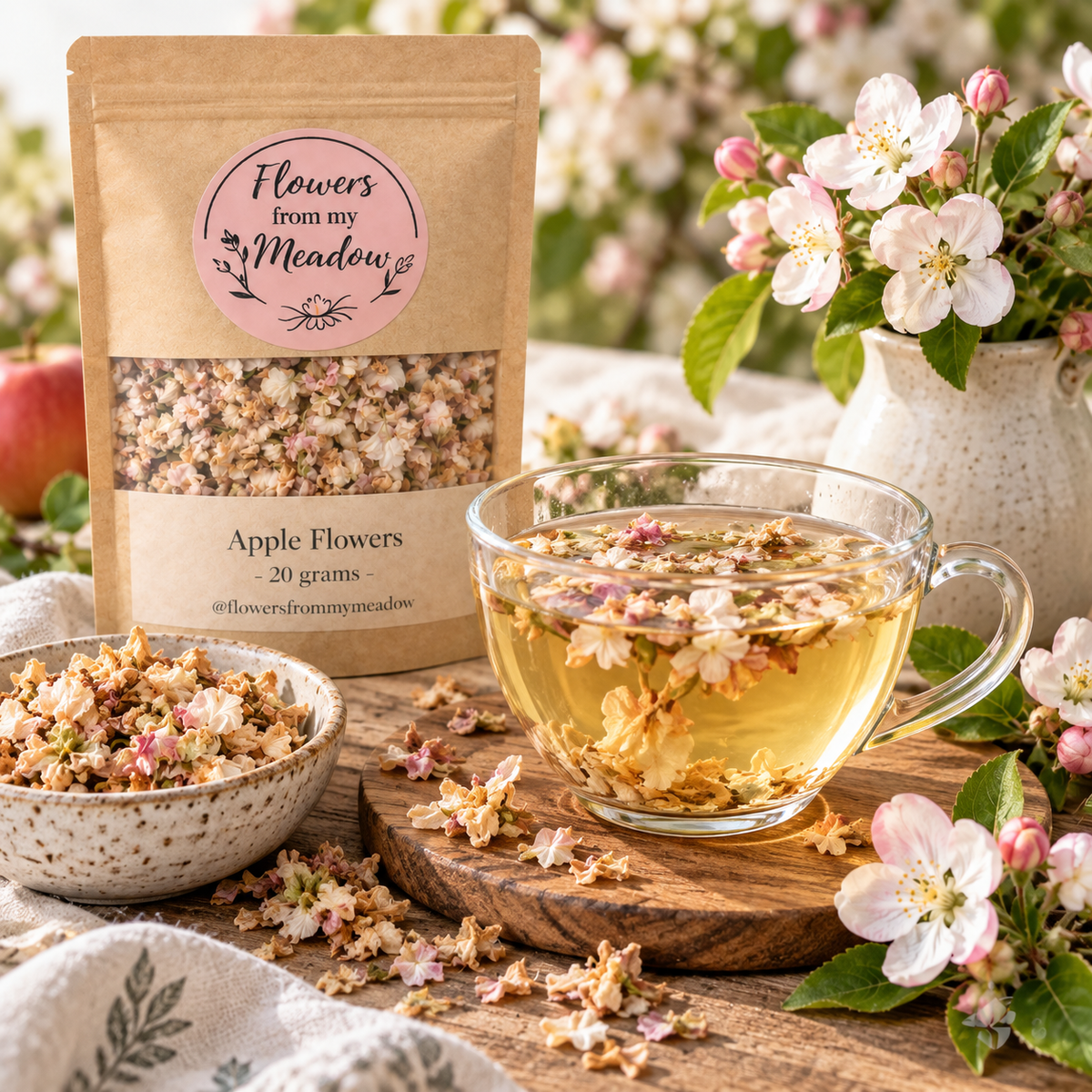 Apple flower tea with dried apple blossoms and a naturally golden floral infusion