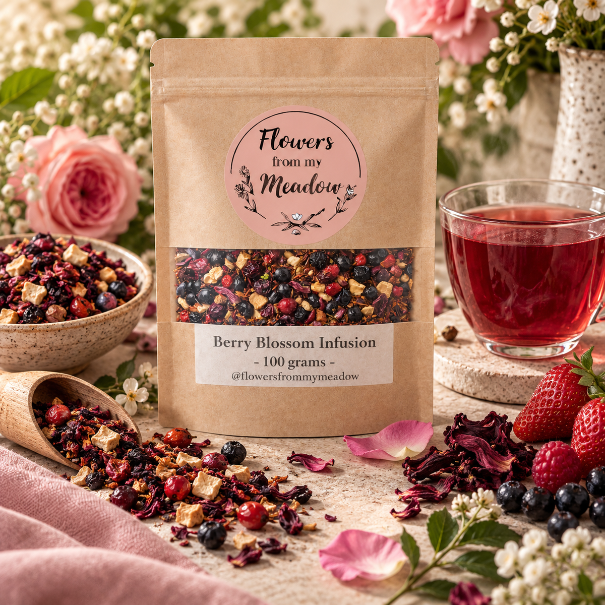 Berry Blossom Infusion 100 g with colourful berry and floral tea blend, fresh berries, rose petals and a vibrant ruby-red brewed infusion