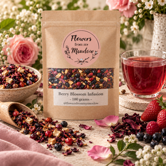Berry Blossom Infusion 100 g with colourful berry and floral tea blend, fresh berries, rose petals and a vibrant ruby-red brewed infusion