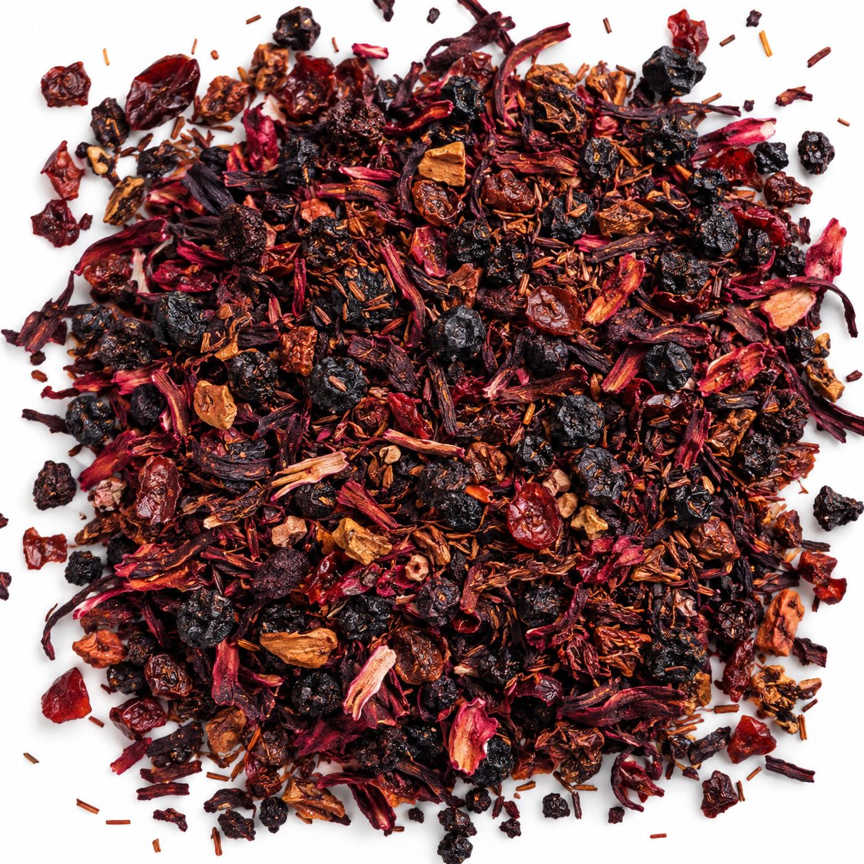 Close-up of Berry Blossom loose leaf tea blend with berries, hibiscus and rooibos